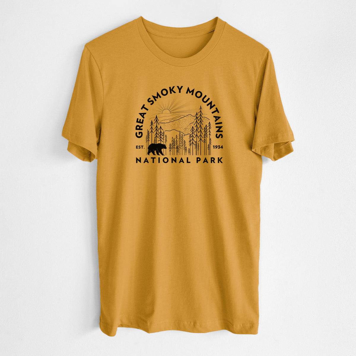 Honeycomb yellow lightweight cotton t-shirt laid flat, printed with a round badge of mountains, pine trees and a black bear, with the words Great Smoky Mountains National Park, Est. 1934.