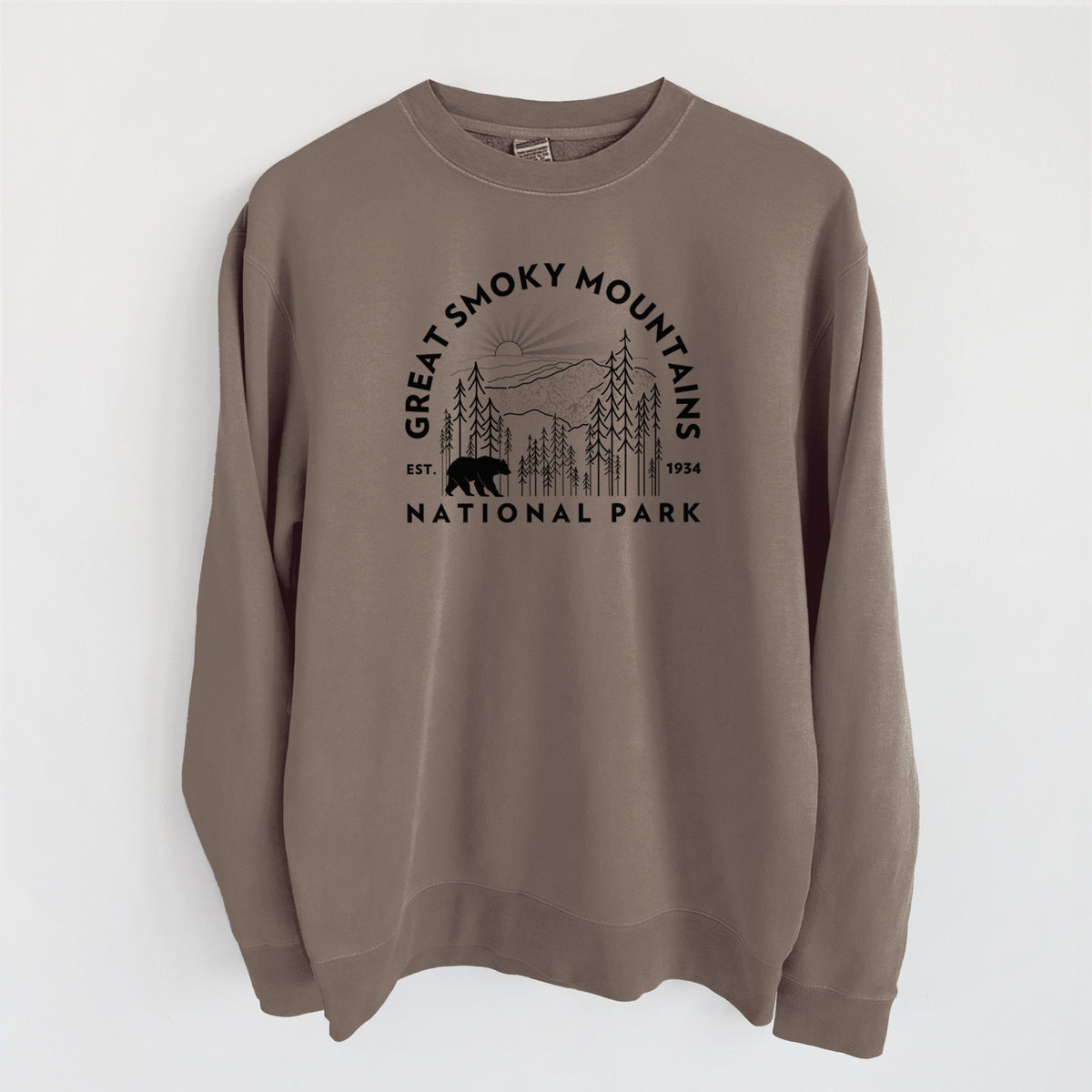 Great Smoky Mountains National Park - Unisex Pigment Dyed Crew Sweatshirt in Espresso Brown Color