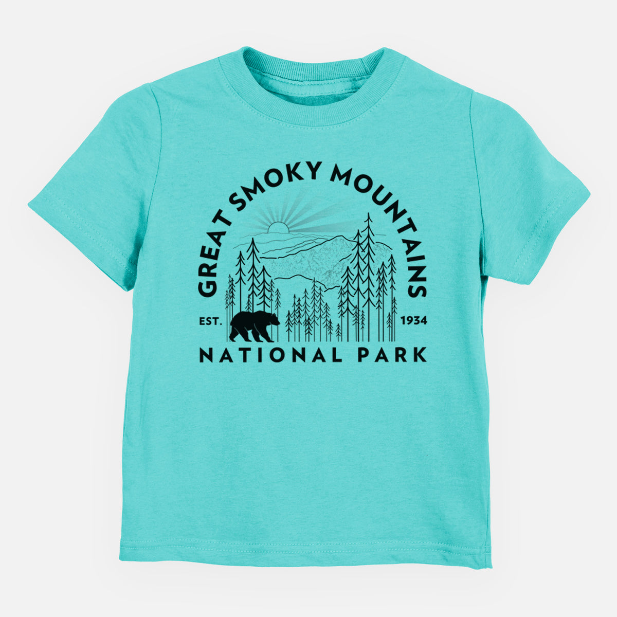 Caribbean blue toddler t-shirt laid flat, printed with a round badge of mountains, pine trees and a black bear, with the words Great Smoky Mountains National Park, Est. 1934.