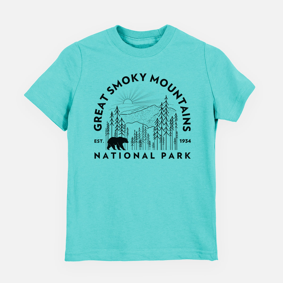 Caribbean blue youth t-shirt laid flat, printed with a round badge of mountains, pine trees and a black bear, with the words Great Smoky Mountains National Park, Est. 1934.