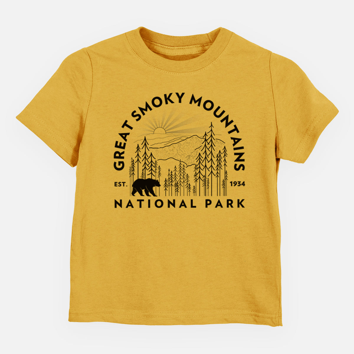 Honeycomb yellow toddler t-shirt laid flat, printed with a round badge of mountains, pine trees and a black bear, with the words Great Smoky Mountains National Park, Est. 1934.