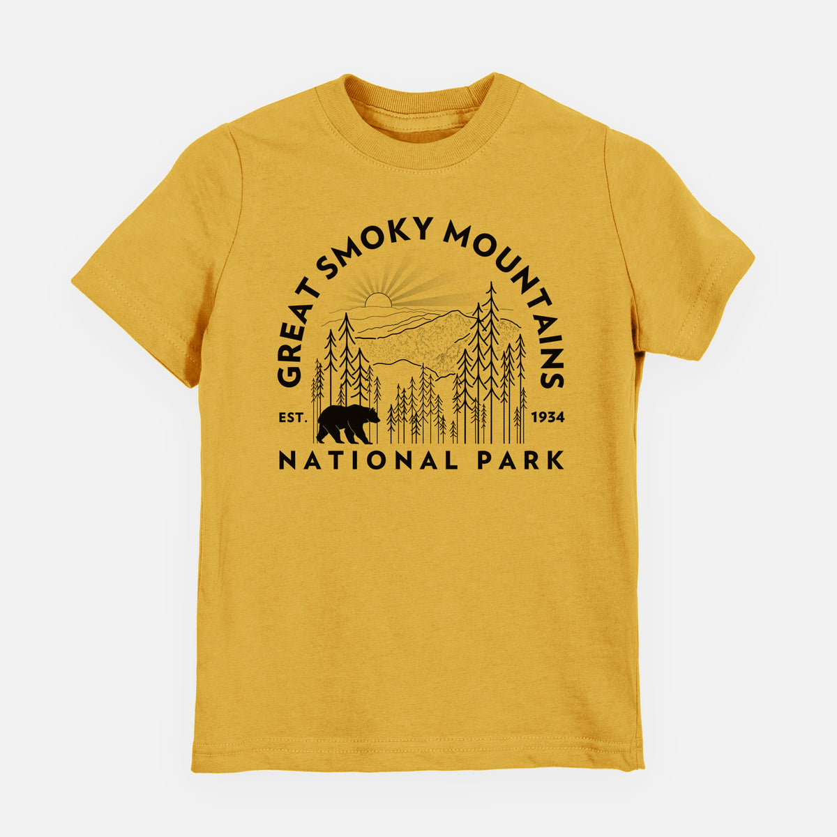 Honeycomb yellow youth t-shirt laid flat, printed with a round badge of mountains, pine trees and a black bear, with the words Great Smoky Mountains National Park, Est. 1934.