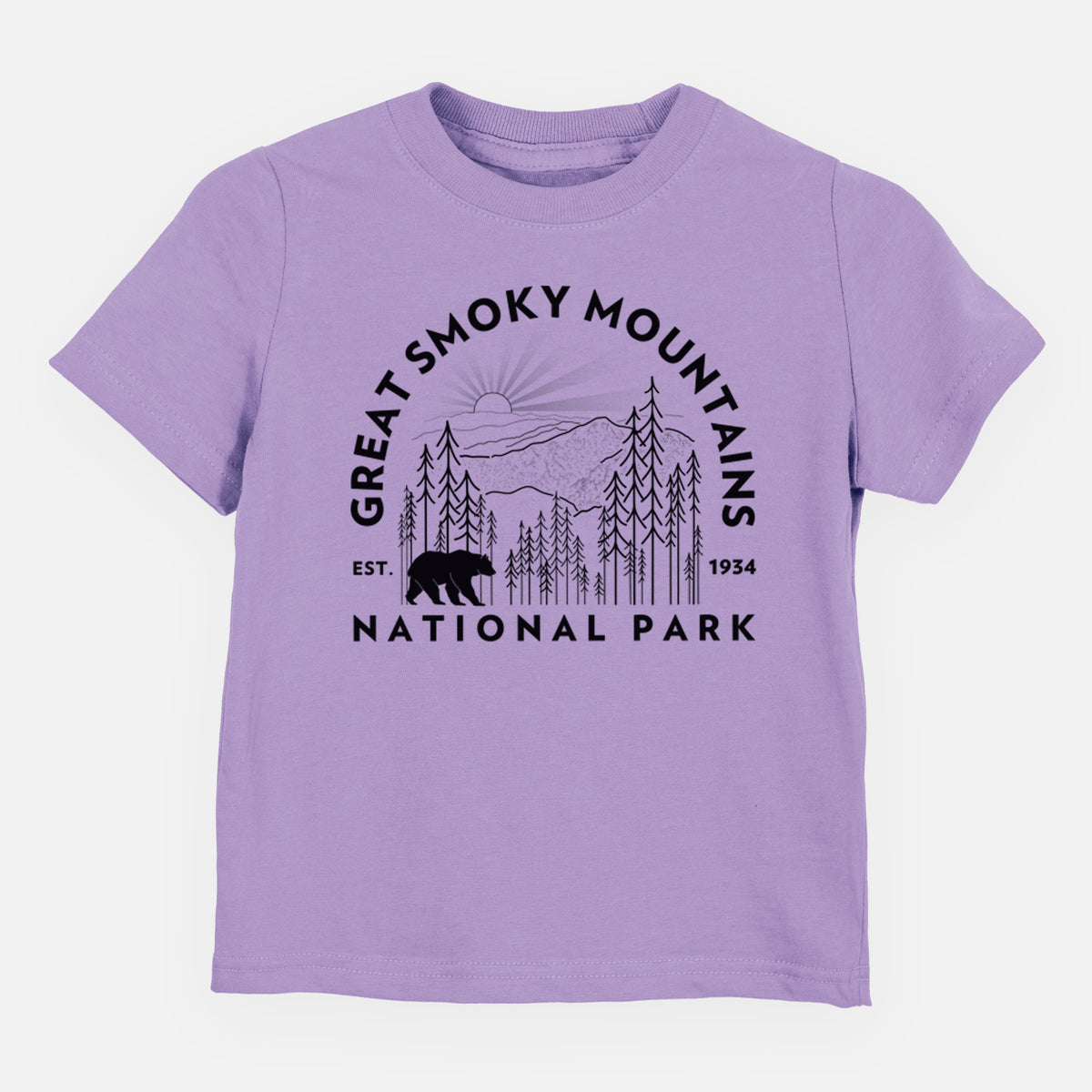 Lavender toddler t-shirt laid flat, printed with a round badge of mountains, pine trees and a black bear, with the words Great Smoky Mountains National Park, Est. 1934.