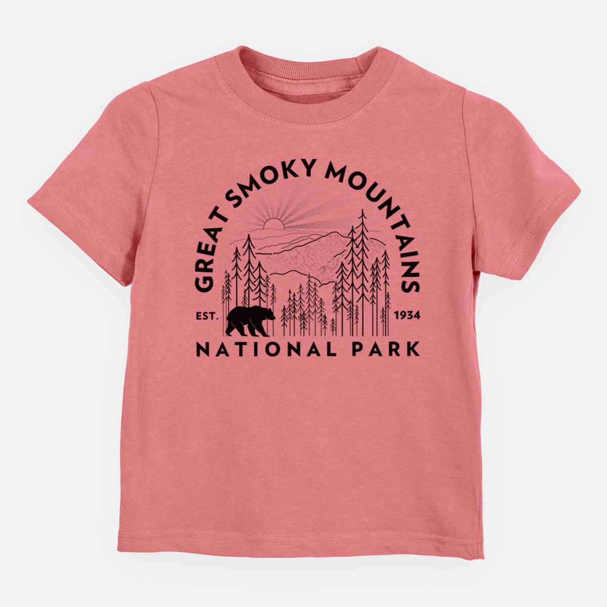 Mauve pink toddler t-shirt laid flat, printed with a round badge of mountains, pine trees and a black bear, with the words Great Smoky Mountains National Park, Est. 1934.