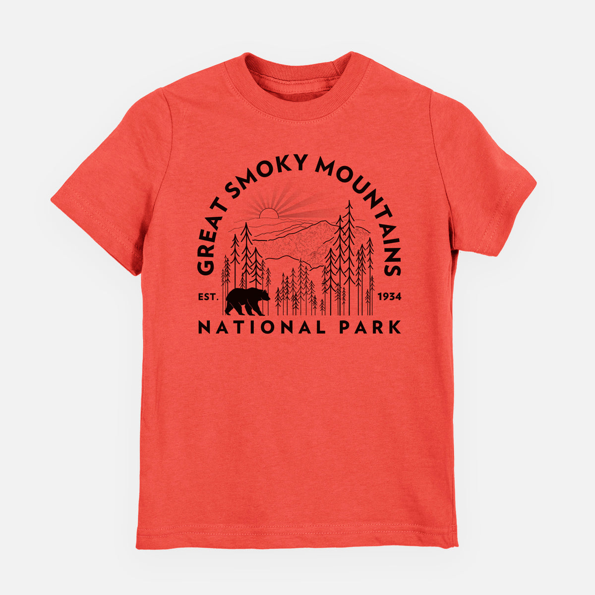 Passionfruit pink youth t-shirt laid flat, printed with a round badge of mountains, pine trees and a black bear, with the words Great Smoky Mountains National Park, Est. 1934.