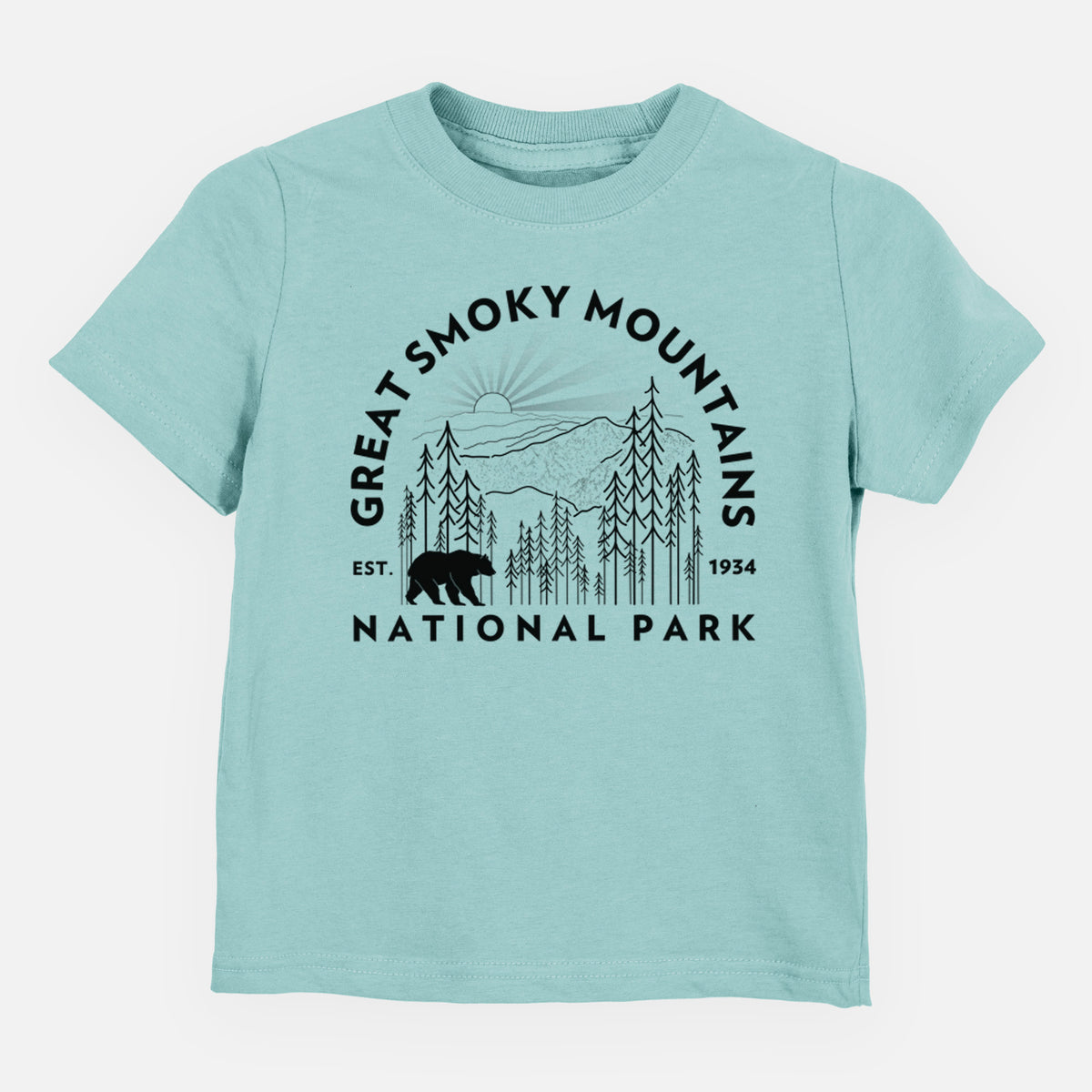 Saltwater toddler t-shirt laid flat, printed with a round badge of mountains, pine trees and a black bear, with the words Great Smoky Mountains National Park, Est. 1934.