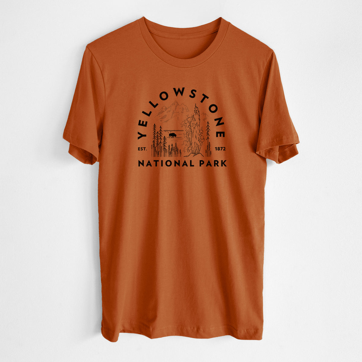 Autumn lightweight cotton t-shirt laid flat, printed with a round badge of a waterfall, pine trees and a bison, with the words Yellowstone National Park, Est. 1872.