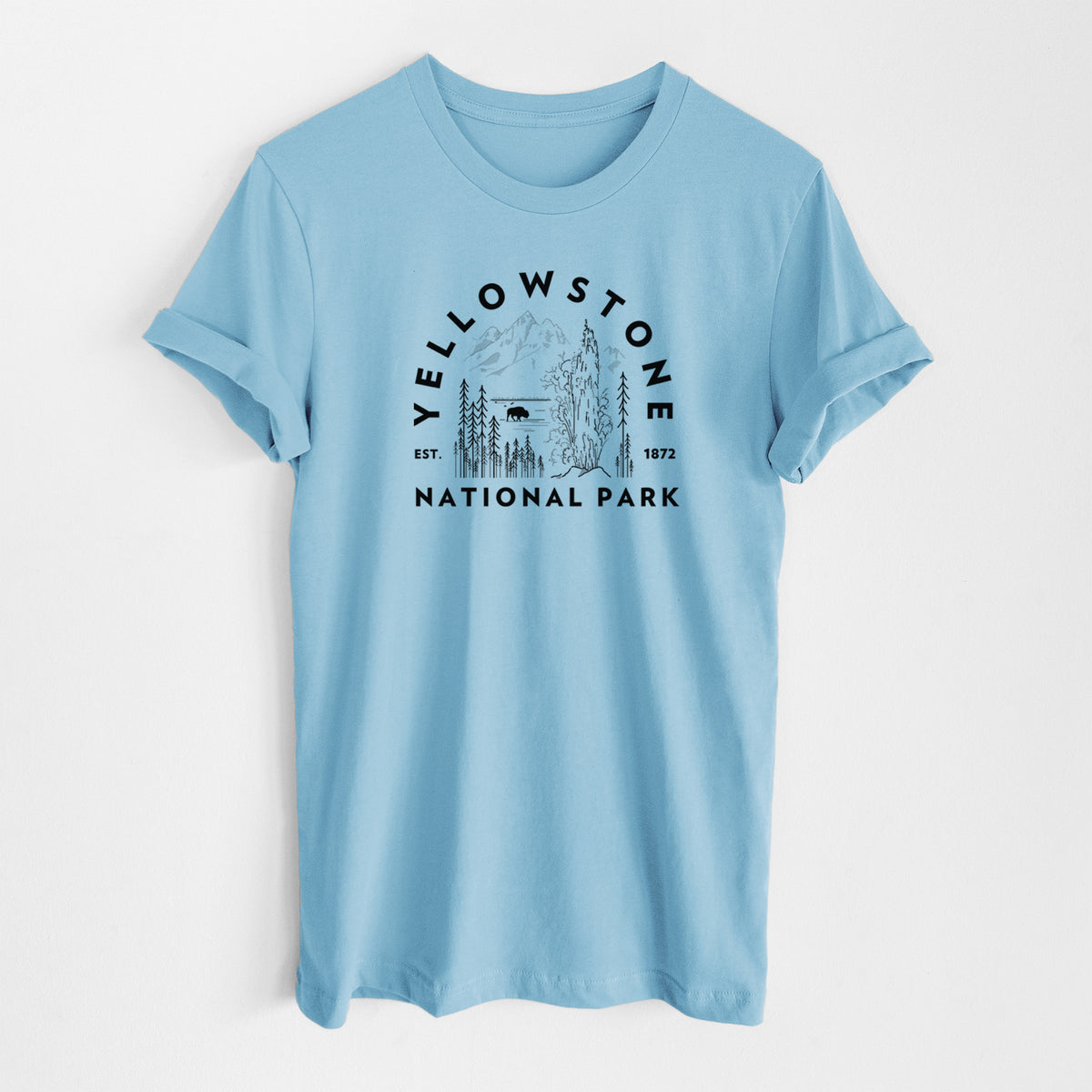 Ocean blue lightweight cotton t-shirt laid flat, printed with a round badge of a waterfall, pine trees and a bison, with the words Yellowstone National Park, Est. 1872.