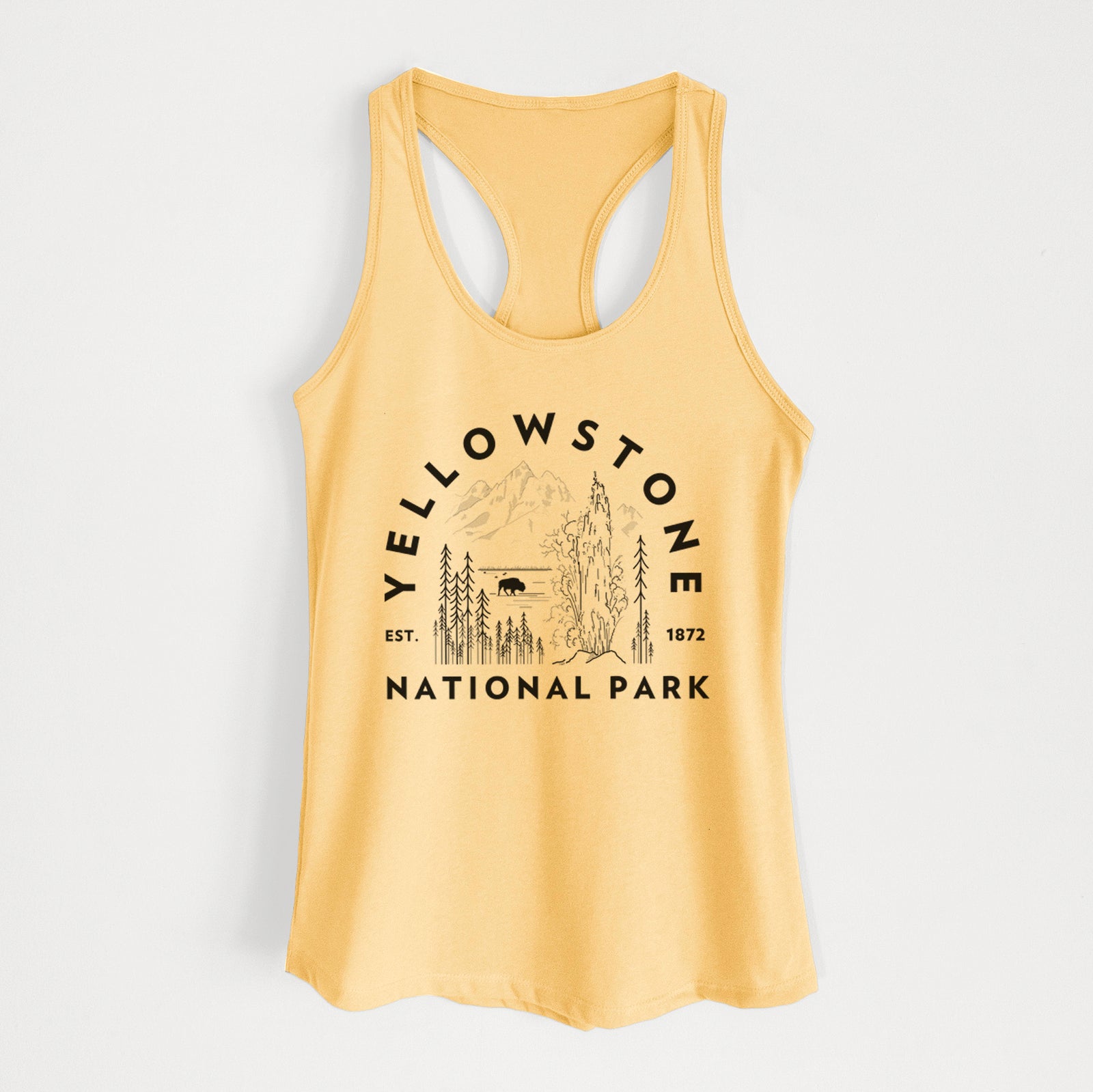 Banana cream women's racerback tank top laid flat, printed with a round badge of a waterfall, pine trees and a bison, with the words Yellowstone National Park, Est. 1872.