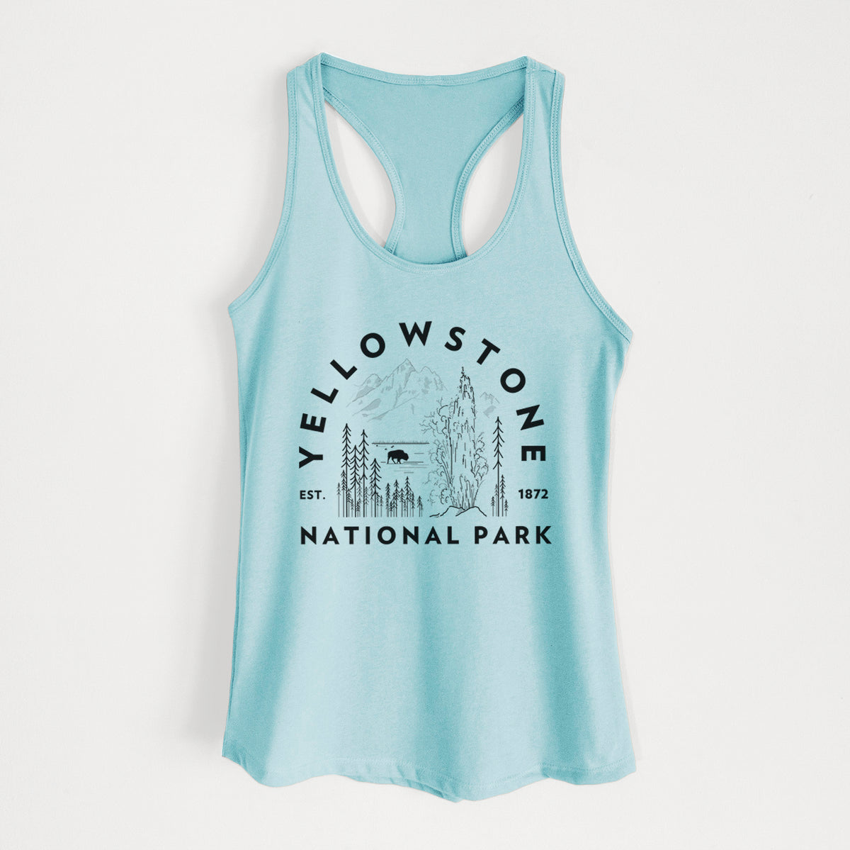 Cancun blue women's racerback tank top laid flat, printed with a round badge of a waterfall, pine trees and a bison, with the words Yellowstone National Park, Est. 1872.