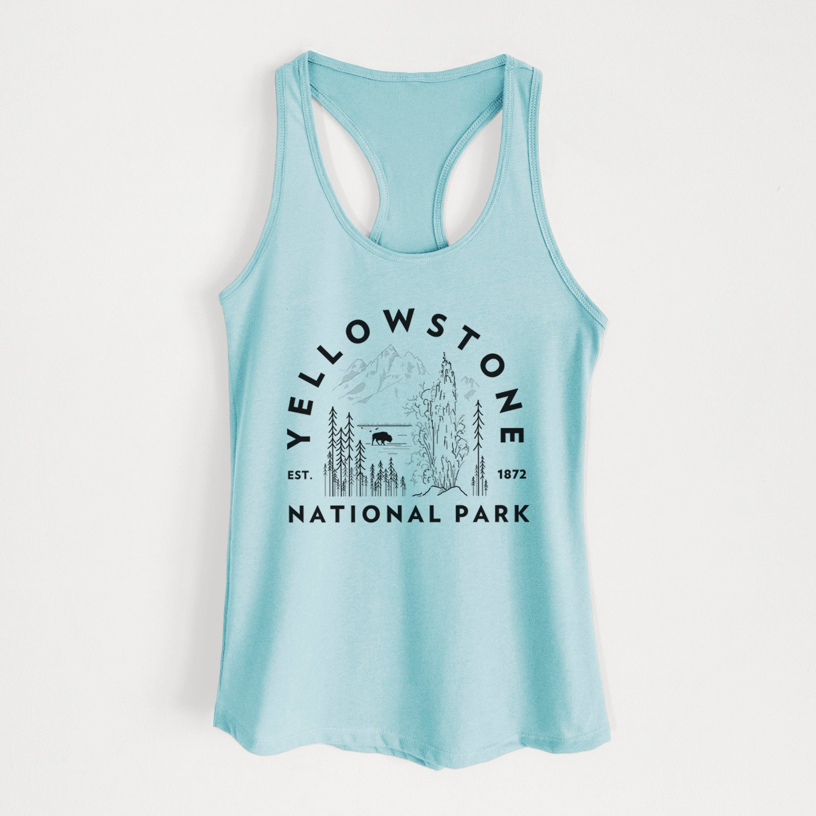 Banana cream women's racerback tank top laid flat, printed with a round badge of a waterfall, pine trees and a bison, with the words Yellowstone National Park, Est. 1872.