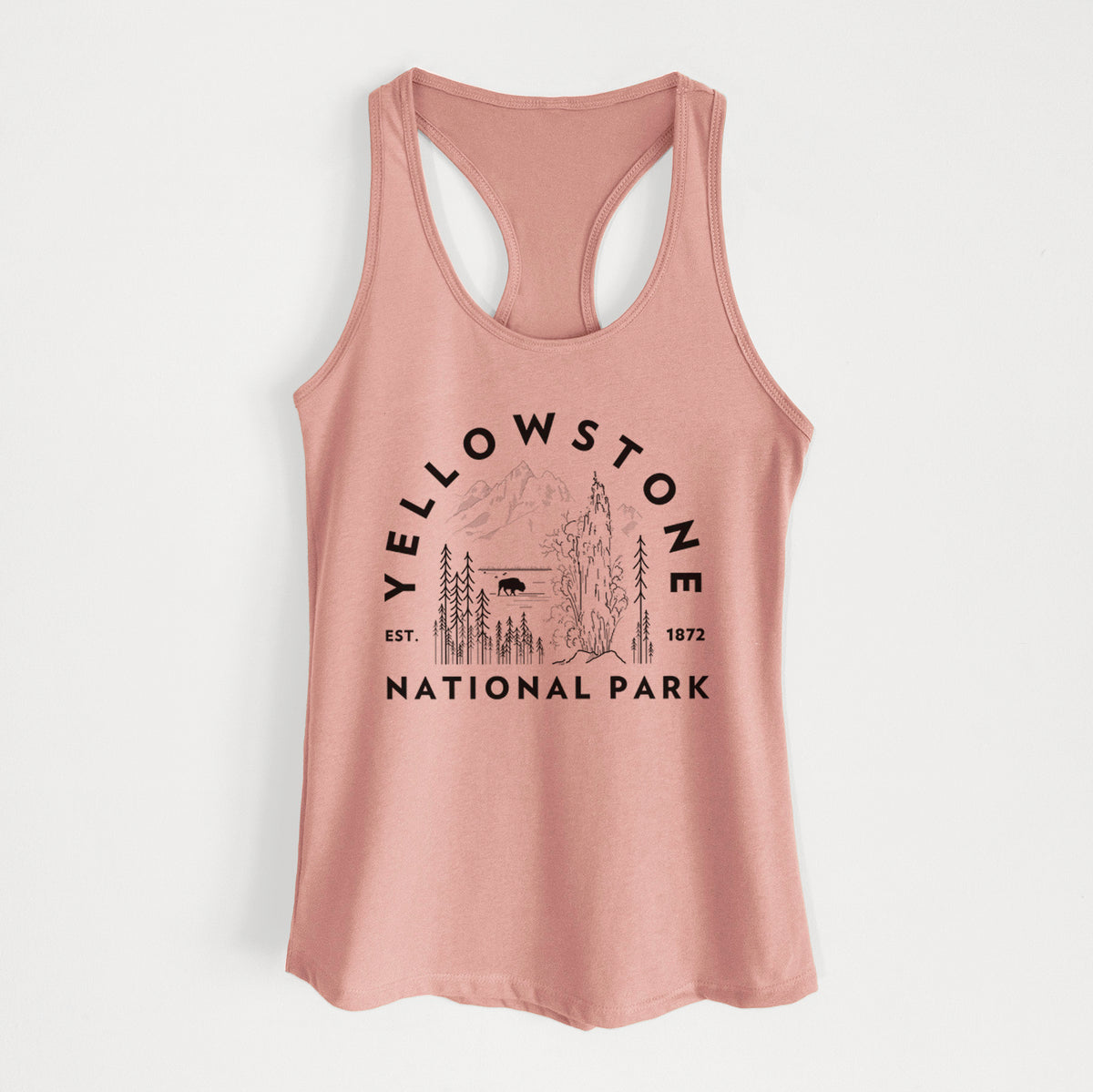 Desert pink women's racerback tank top laid flat, printed with a round badge of a waterfall, pine trees and a bison, with the words Yellowstone National Park, Est. 1872.