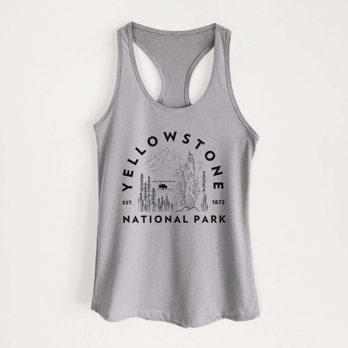 Heather grey women's racerback tank top laid flat, printed with a round badge of a waterfall, pine trees and a bison, with the words Yellowstone National Park, Est. 1872.