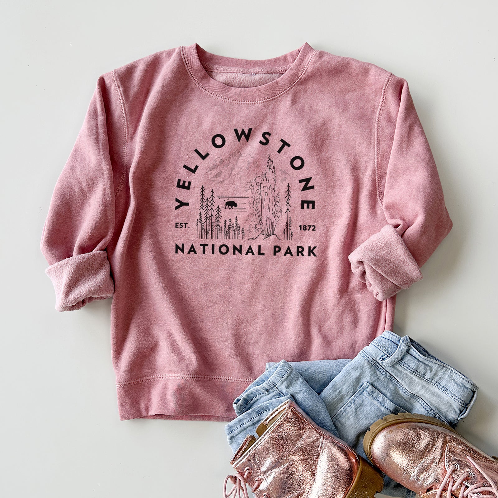 Boy wearing a youth crewneck sweatshirt printed with a round badge of a waterfall, pine trees and a bison, with the words Yellowstone National Park, Est. 1872, outdoors.