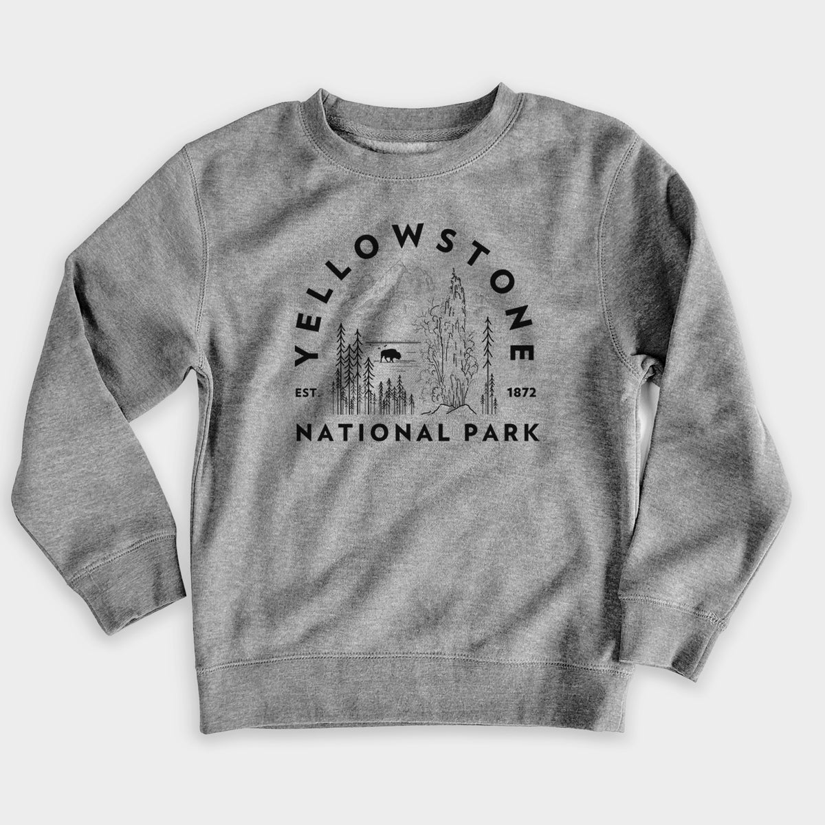 Nickel grey youth crewneck sweatshirt laid flat, printed with a round badge of a waterfall, pine trees and a bison, with the words Yellowstone National Park, Est. 1872.