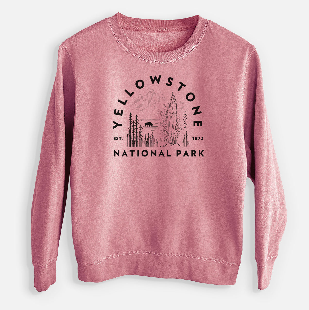 Mauve pink youth crewneck sweatshirt laid flat, printed with a round badge of a waterfall, pine trees and a bison, with the words Yellowstone National Park, Est. 1872.