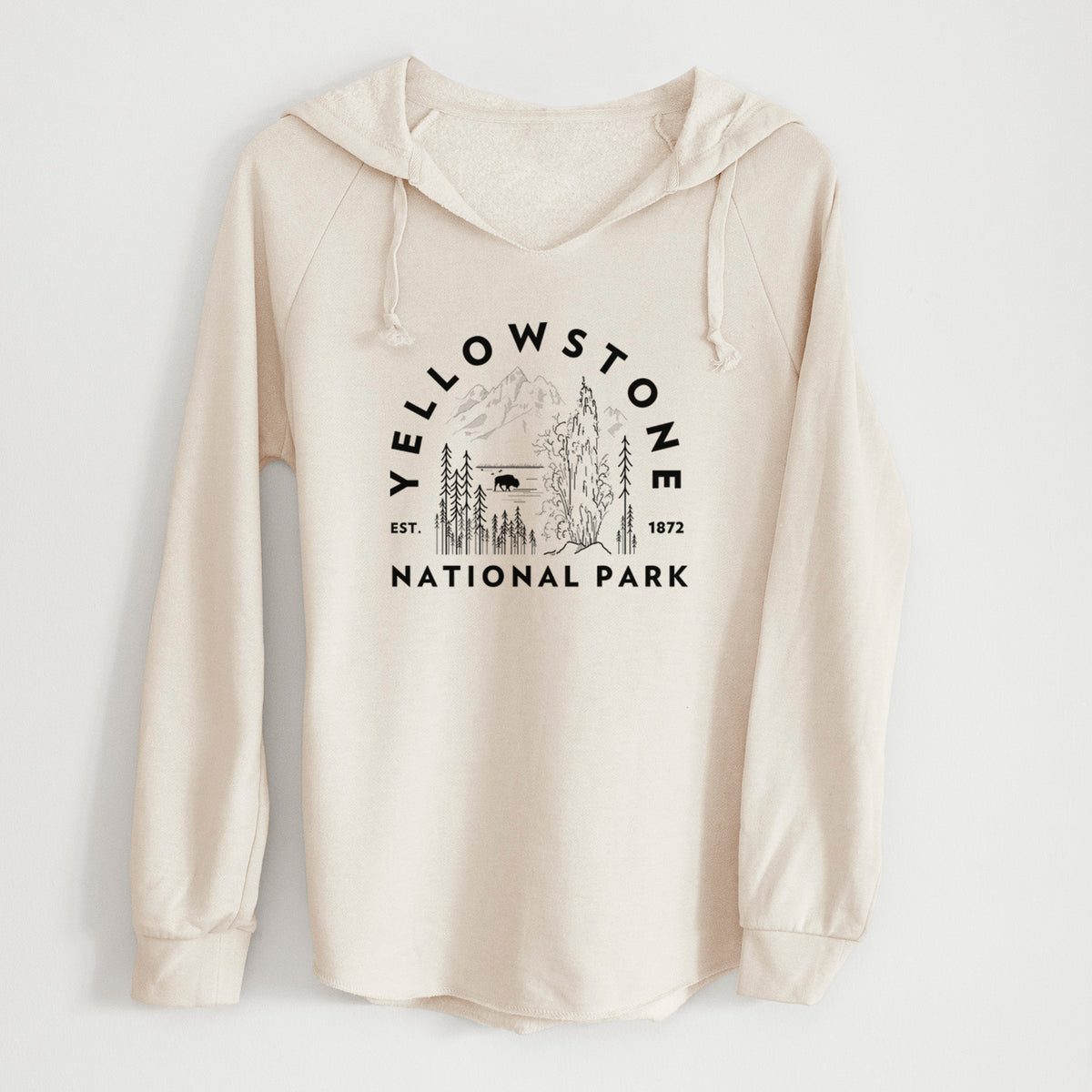 Bone cream women's Cali Wave hooded sweatshirt laid flat, printed with a round badge of a waterfall, pine trees and a bison, with the words Yellowstone National Park, Est. 1872.