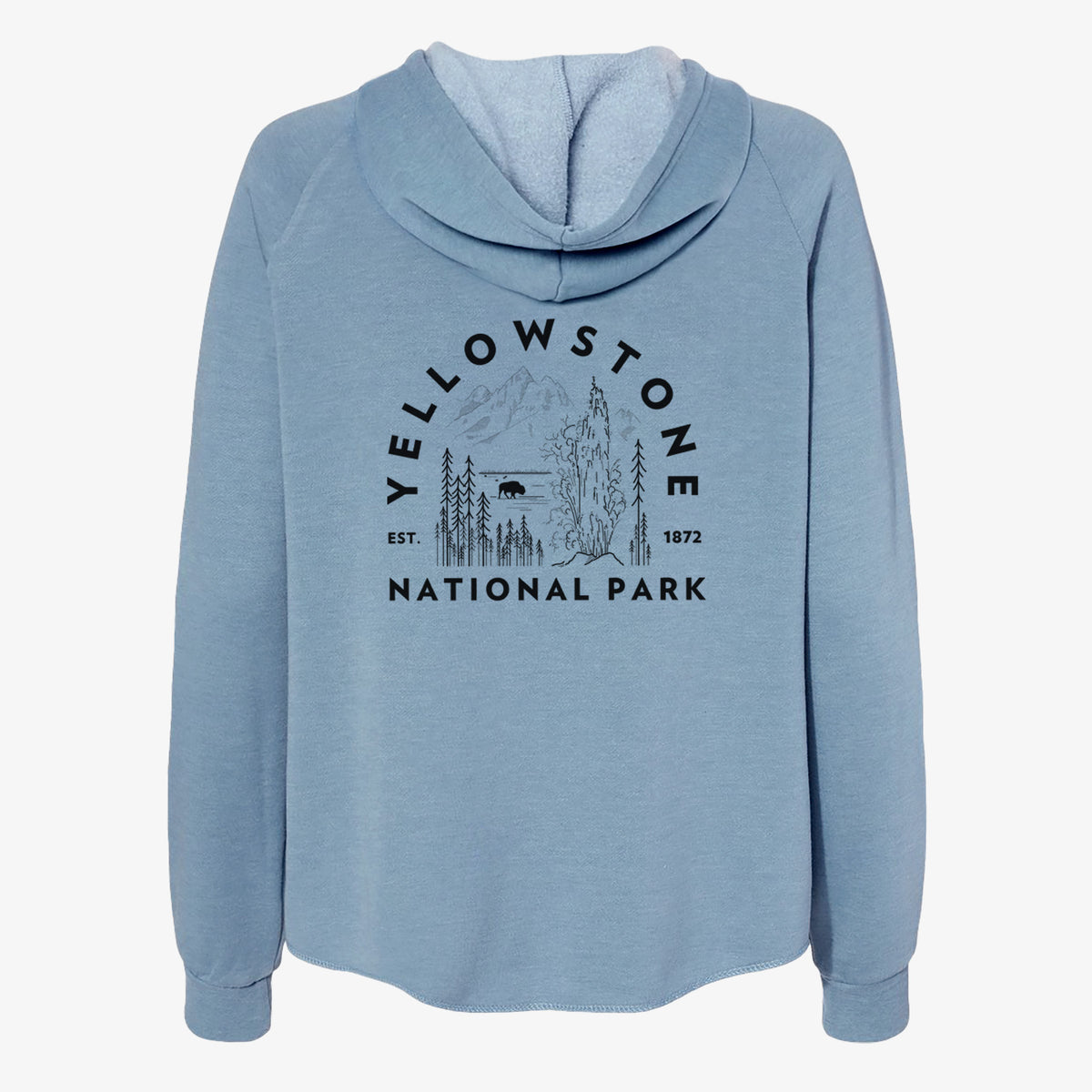 Misty blue women's Cali Wave zip-up sweatshirt laid flat, printed with a round badge of a waterfall, pine trees and a bison, with the words Yellowstone National Park, Est. 1872.