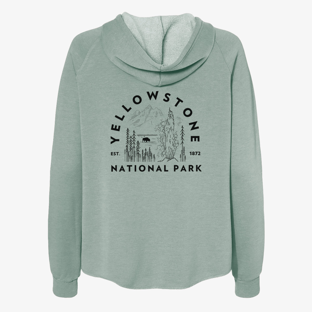 Sage green women's Cali Wave zip-up sweatshirt laid flat, printed with a round badge of a waterfall, pine trees and a bison, with the words Yellowstone National Park, Est. 1872.