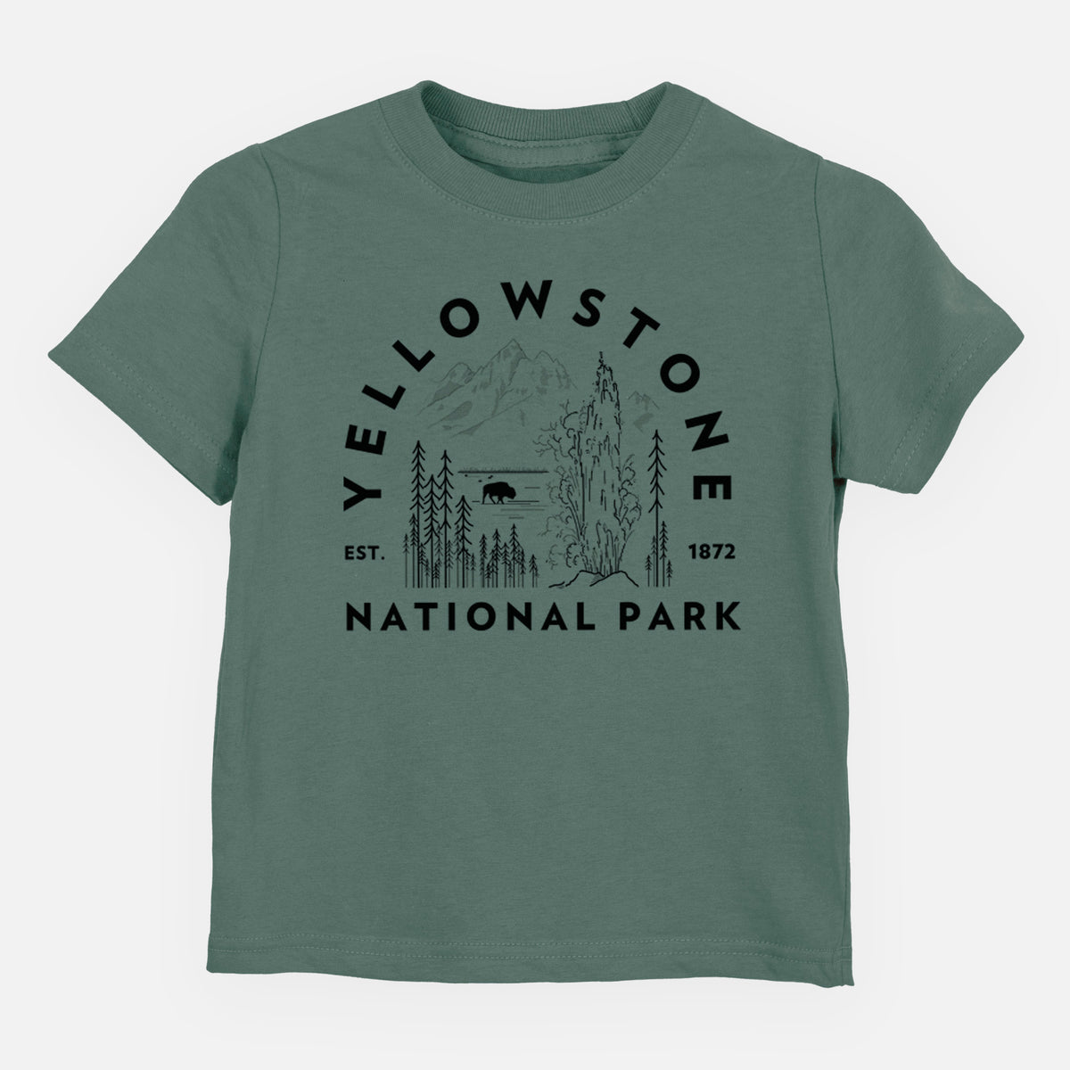 Basil green toddler t-shirt laid flat, printed with a round badge of a waterfall, pine trees and a bison, with the words Yellowstone National Park, Est. 1872.
