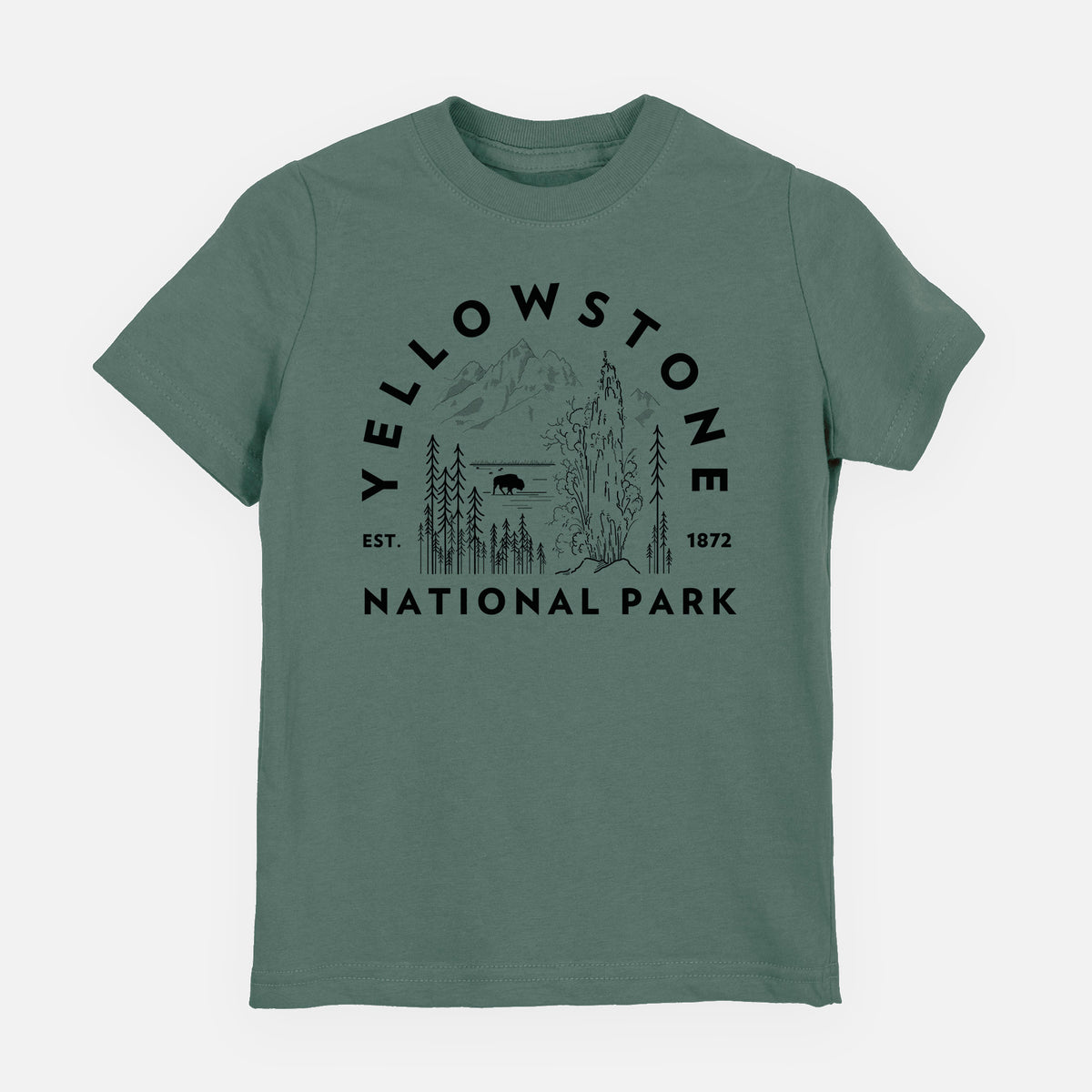 Basil green youth t-shirt laid flat, printed with a round badge of a waterfall, pine trees and a bison, with the words Yellowstone National Park, Est. 1872.