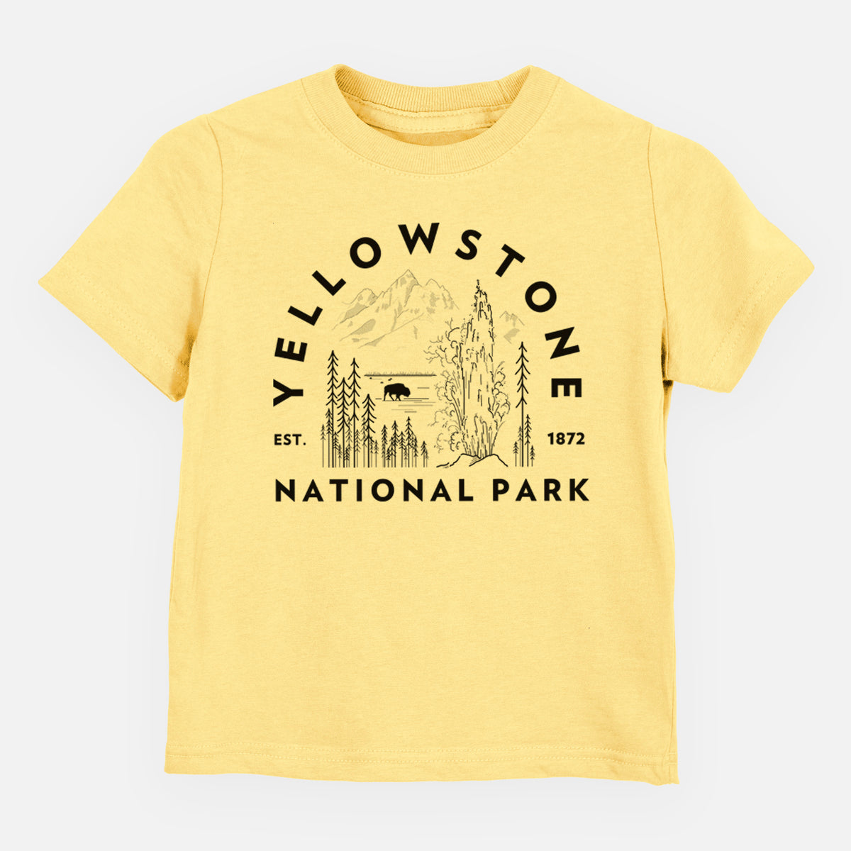 Butter yellow toddler t-shirt laid flat, printed with a round badge of a waterfall, pine trees and a bison, with the words Yellowstone National Park, Est. 1872.