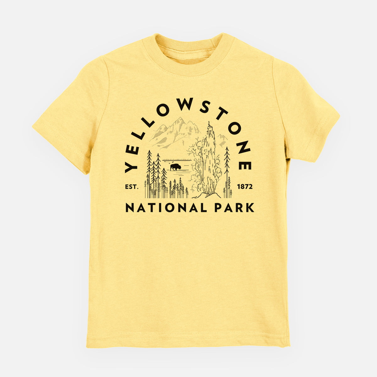 Butter yellow youth t-shirt laid flat, printed with a round badge of a waterfall, pine trees and a bison, with the words Yellowstone National Park, Est. 1872.