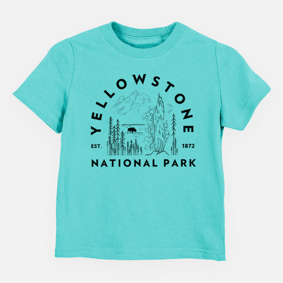 Caribbean blue toddler t-shirt laid flat, printed with a round badge of a waterfall, pine trees and a bison, with the words Yellowstone National Park, Est. 1872.