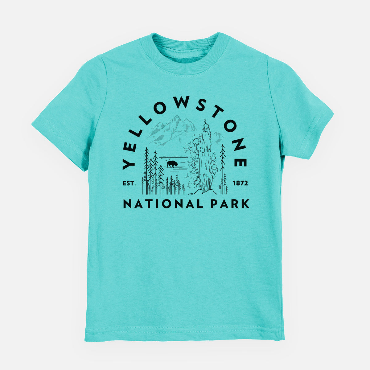 Caribbean blue youth t-shirt laid flat, printed with a round badge of a waterfall, pine trees and a bison, with the words Yellowstone National Park, Est. 1872.