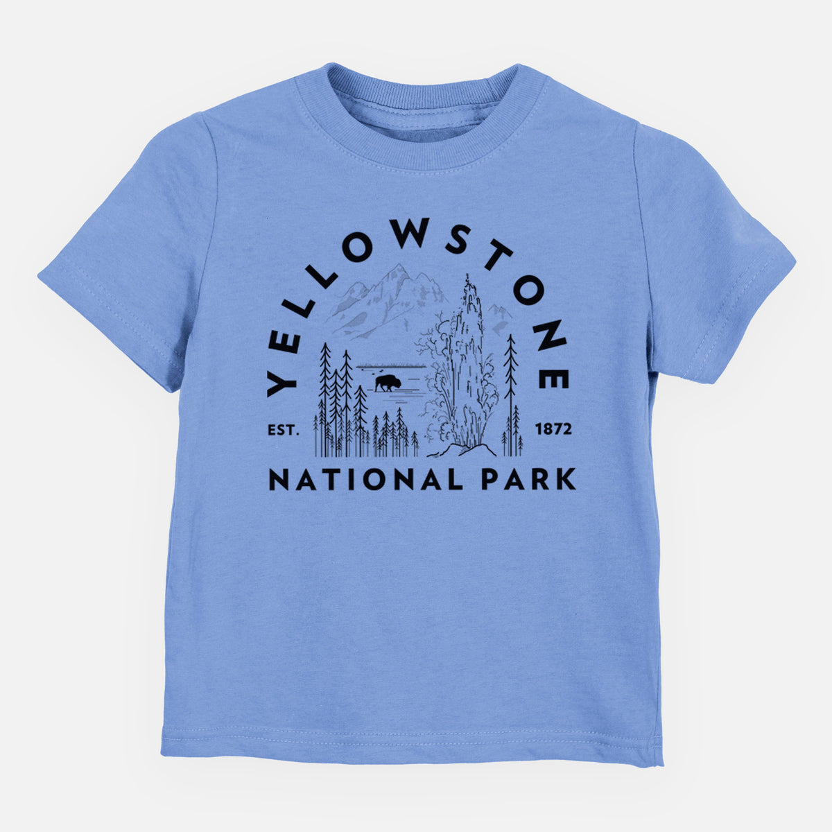 Carolina blue toddler t-shirt laid flat, printed with a round badge of a waterfall, pine trees and a bison, with the words Yellowstone National Park, Est. 1872.