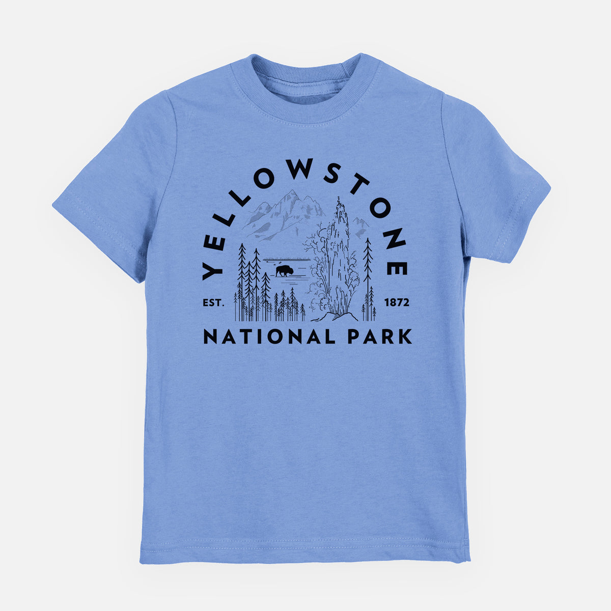 Carolina blue youth t-shirt laid flat, printed with a round badge of a waterfall, pine trees and a bison, with the words Yellowstone National Park, Est. 1872.