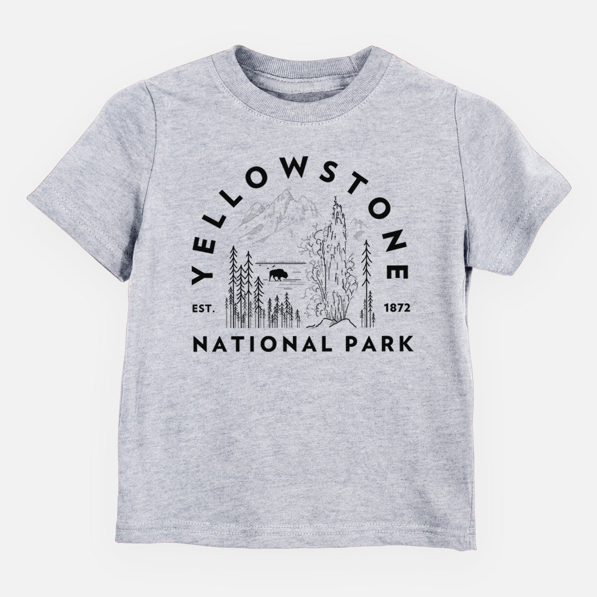 Heather grey toddler t-shirt laid flat, printed with a round badge of a waterfall, pine trees and a bison, with the words Yellowstone National Park, Est. 1872.