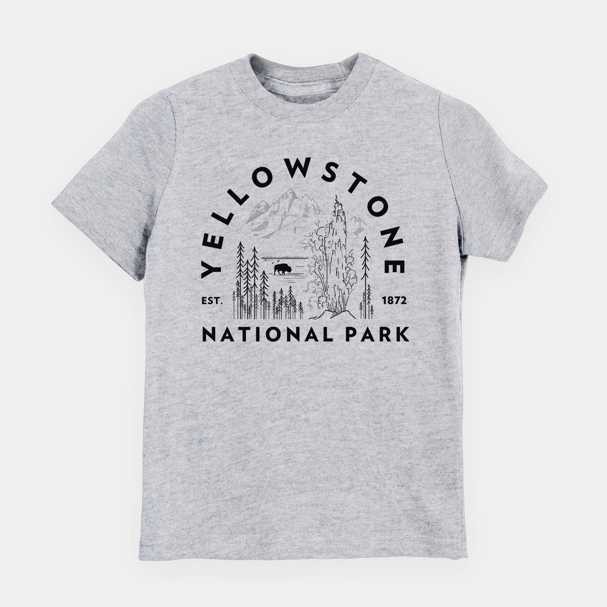 Heather grey youth t-shirt laid flat, printed with a round badge of a waterfall, pine trees and a bison, with the words Yellowstone National Park, Est. 1872.