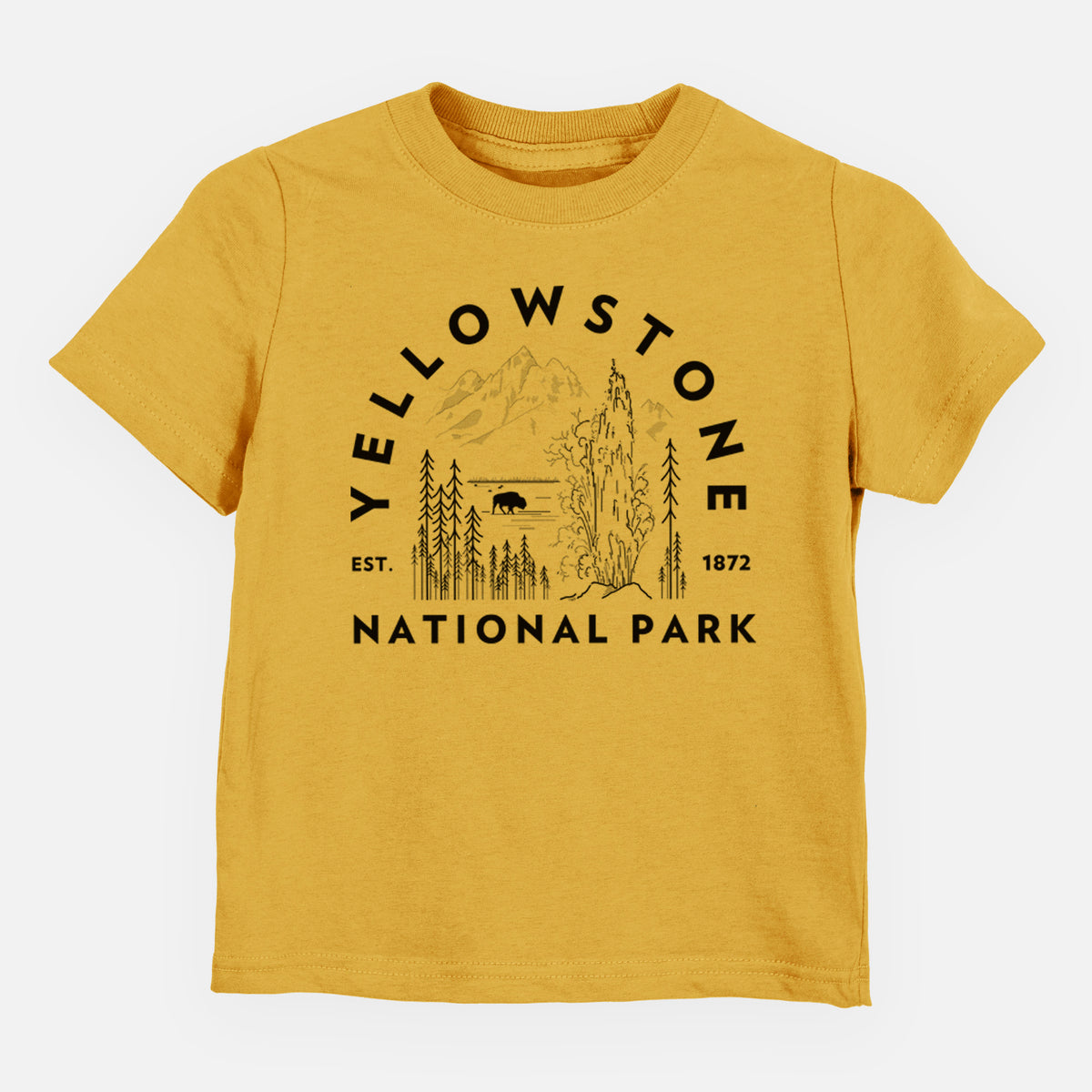 Honeycomb yellow toddler t-shirt laid flat, printed with a round badge of a waterfall, pine trees and a bison, with the words Yellowstone National Park, Est. 1872.