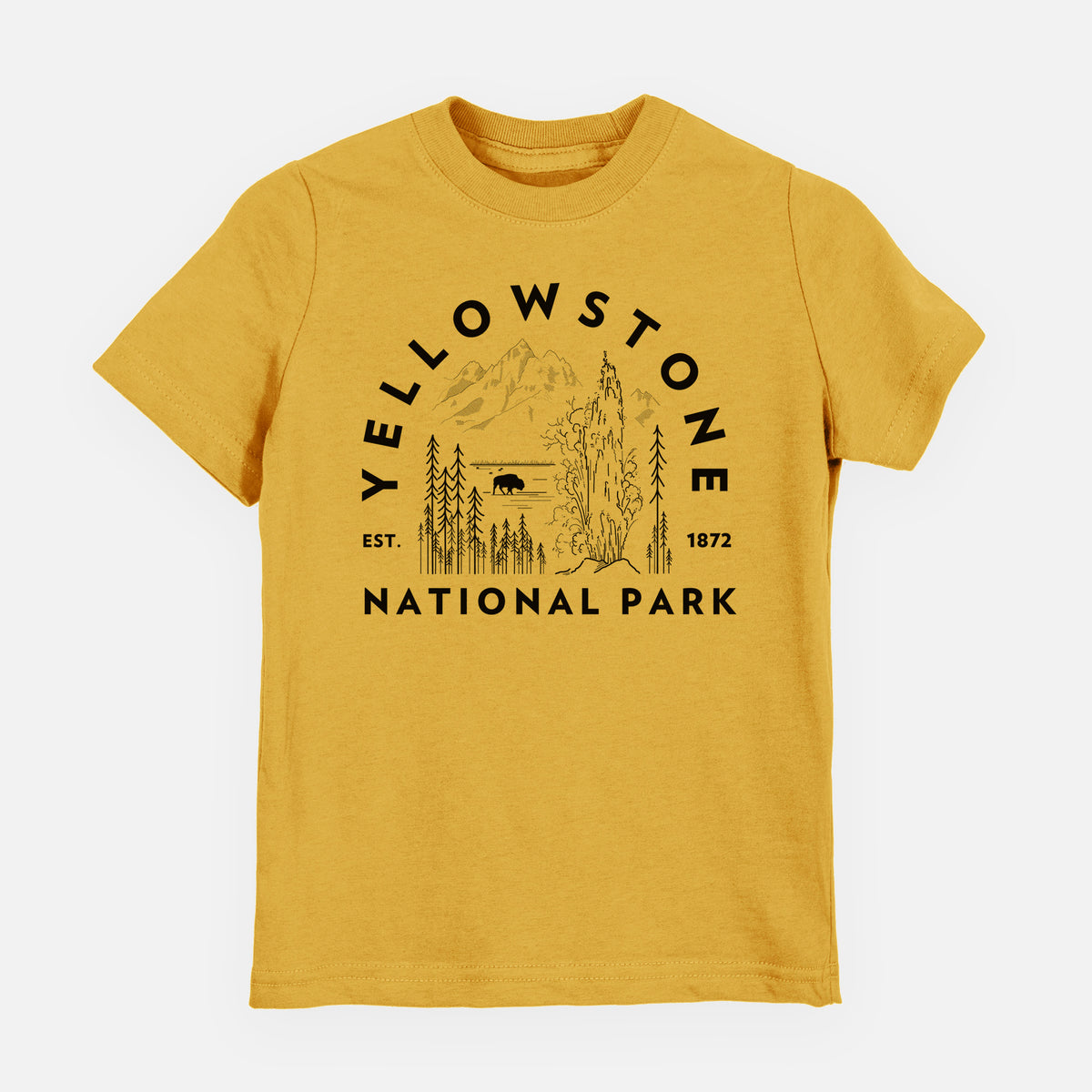 Honeycomb yellow youth t-shirt laid flat, printed with a round badge of a waterfall, pine trees and a bison, with the words Yellowstone National Park, Est. 1872.