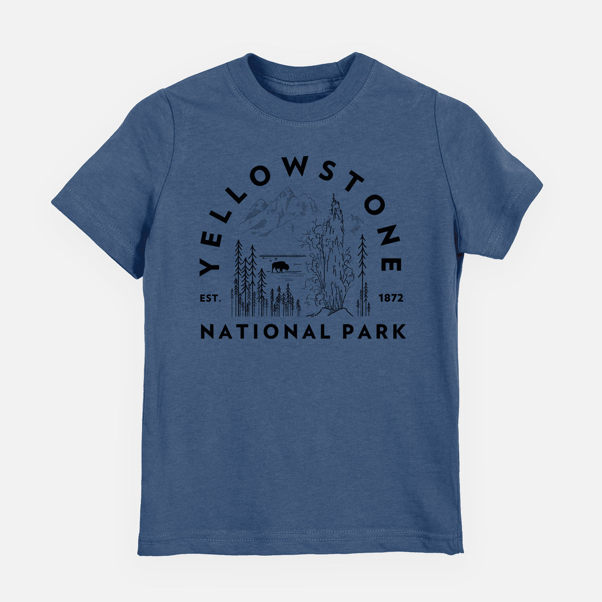 Indigo blue youth t-shirt laid flat, printed with a round badge of a waterfall, pine trees and a bison, with the words Yellowstone National Park, Est. 1872.
