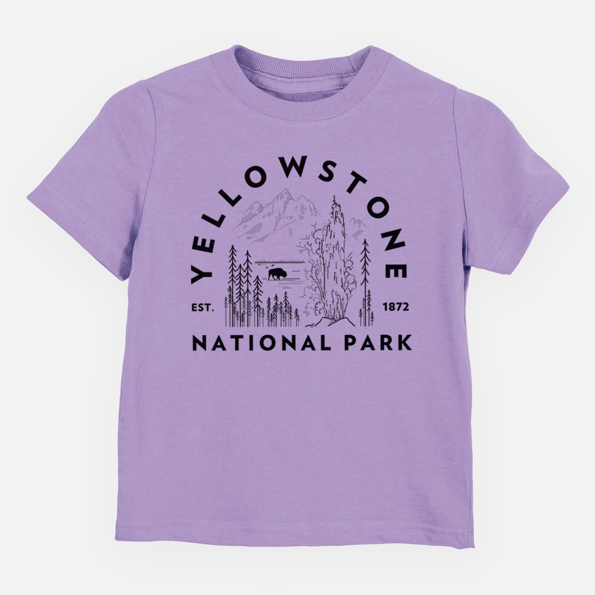 Lavender toddler t-shirt laid flat, printed with a round badge of a waterfall, pine trees and a bison, with the words Yellowstone National Park, Est. 1872.