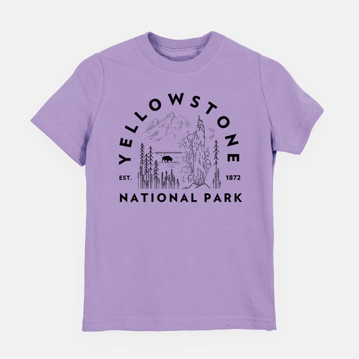 Lavender youth t-shirt laid flat, printed with a round badge of a waterfall, pine trees and a bison, with the words Yellowstone National Park, Est. 1872.