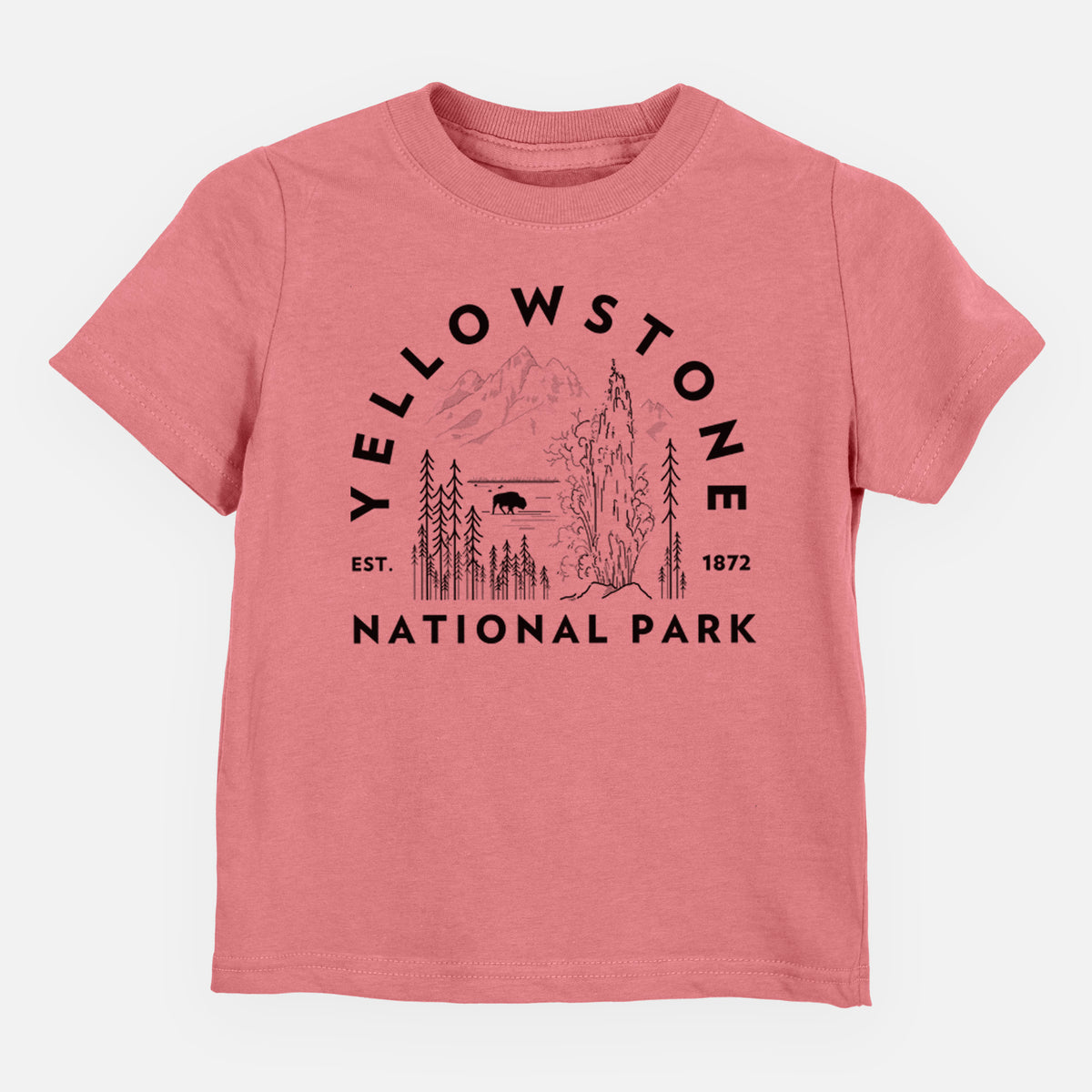 Mauve pink toddler t-shirt laid flat, printed with a round badge of a waterfall, pine trees and a bison, with the words Yellowstone National Park, Est. 1872.