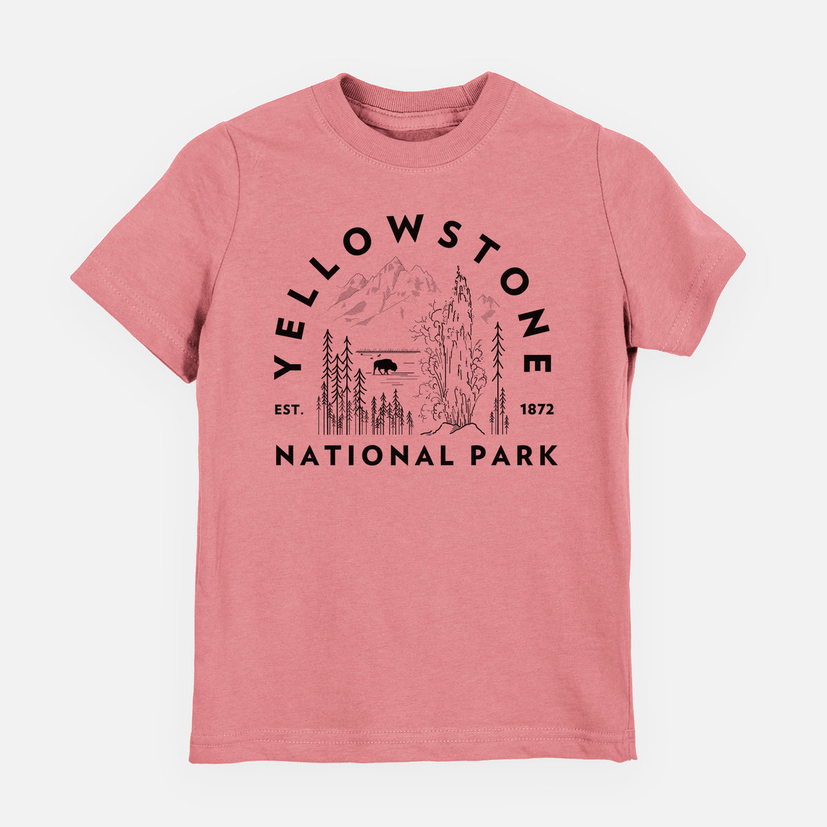Mauve pink youth t-shirt laid flat, printed with a round badge of a waterfall, pine trees and a bison, with the words Yellowstone National Park, Est. 1872.
