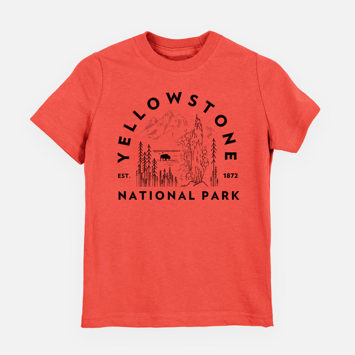 Passionfruit pink youth t-shirt laid flat, printed with a round badge of a waterfall, pine trees and a bison, with the words Yellowstone National Park, Est. 1872.