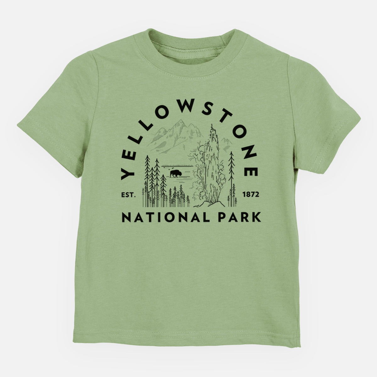 Sage green toddler t-shirt laid flat, printed with a round badge of a waterfall, pine trees and a bison, with the words Yellowstone National Park, Est. 1872.