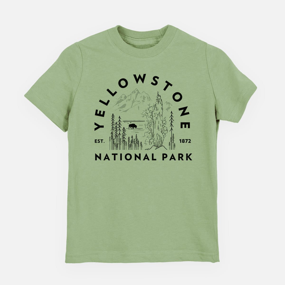Sage green youth t-shirt laid flat, printed with a round badge of a waterfall, pine trees and a bison, with the words Yellowstone National Park, Est. 1872.
