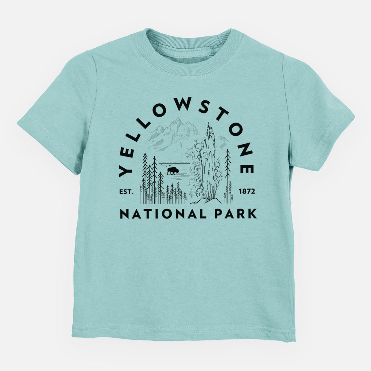 Saltwater toddler t-shirt laid flat, printed with a round badge of a waterfall, pine trees and a bison, with the words Yellowstone National Park, Est. 1872.