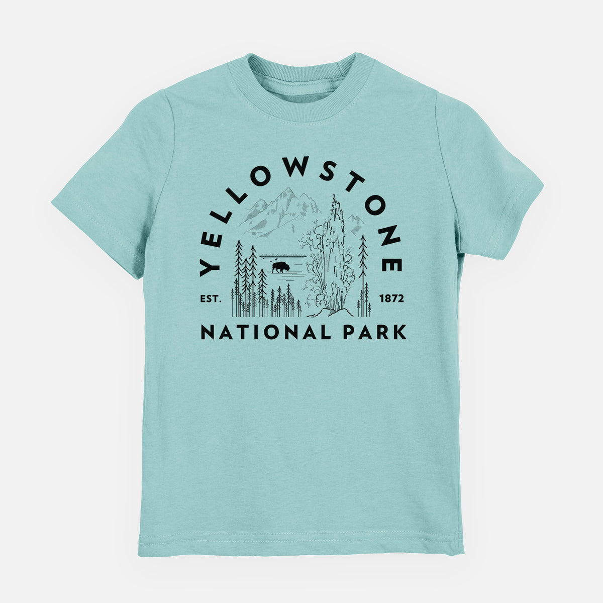 Saltwater youth t-shirt laid flat, printed with a round badge of a waterfall, pine trees and a bison, with the words Yellowstone National Park, Est. 1872.