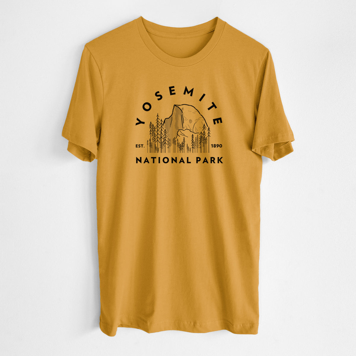 Honeycomb yellow lightweight cotton t-shirt laid flat, printed with a round badge of Half Dome and pine trees, with the words Yosemite National Park, Est. 1890.