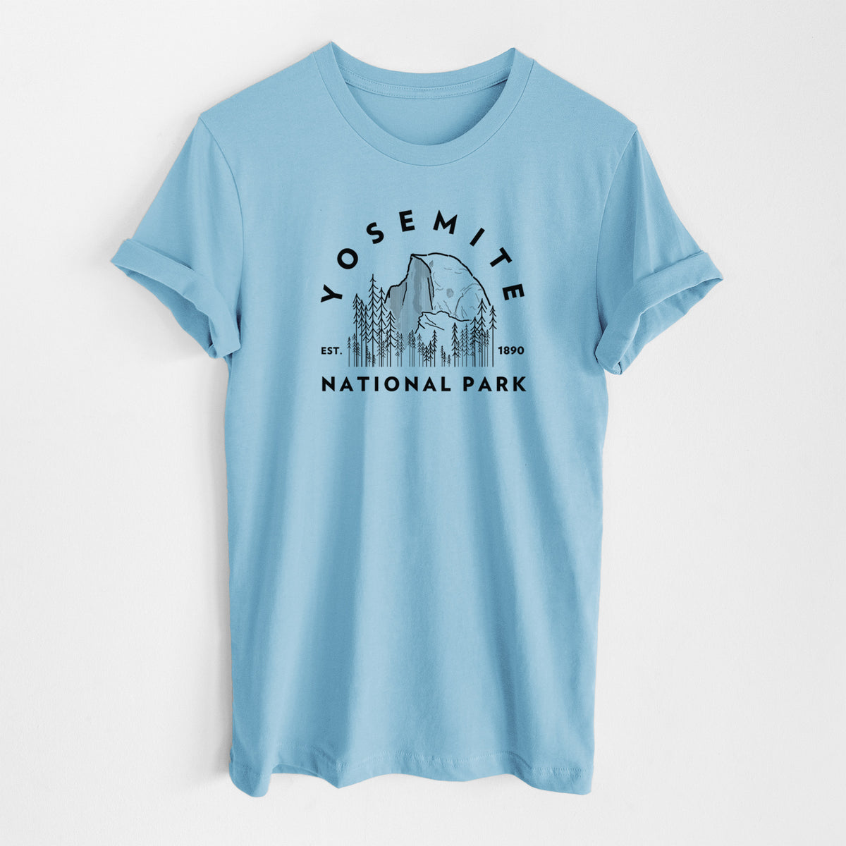 Ocean blue lightweight cotton t-shirt laid flat, printed with a round badge of Half Dome and pine trees, with the words Yosemite National Park, Est. 1890.