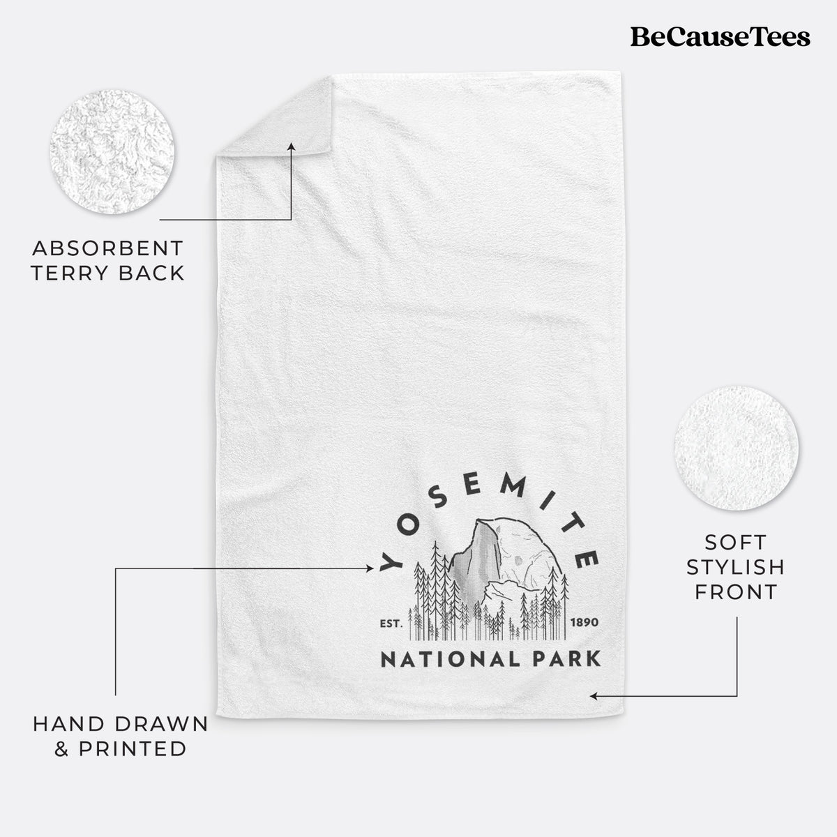 White hand towel printed with a round badge of Half Dome and pine trees, with the words Yosemite National Park, Est. 1890.