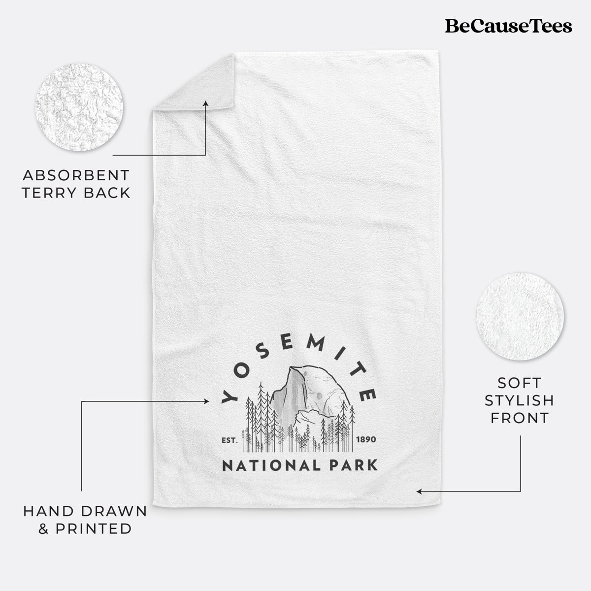 White hand towel printed with a round badge of Half Dome and pine trees, with the words Yosemite National Park, Est. 1890.