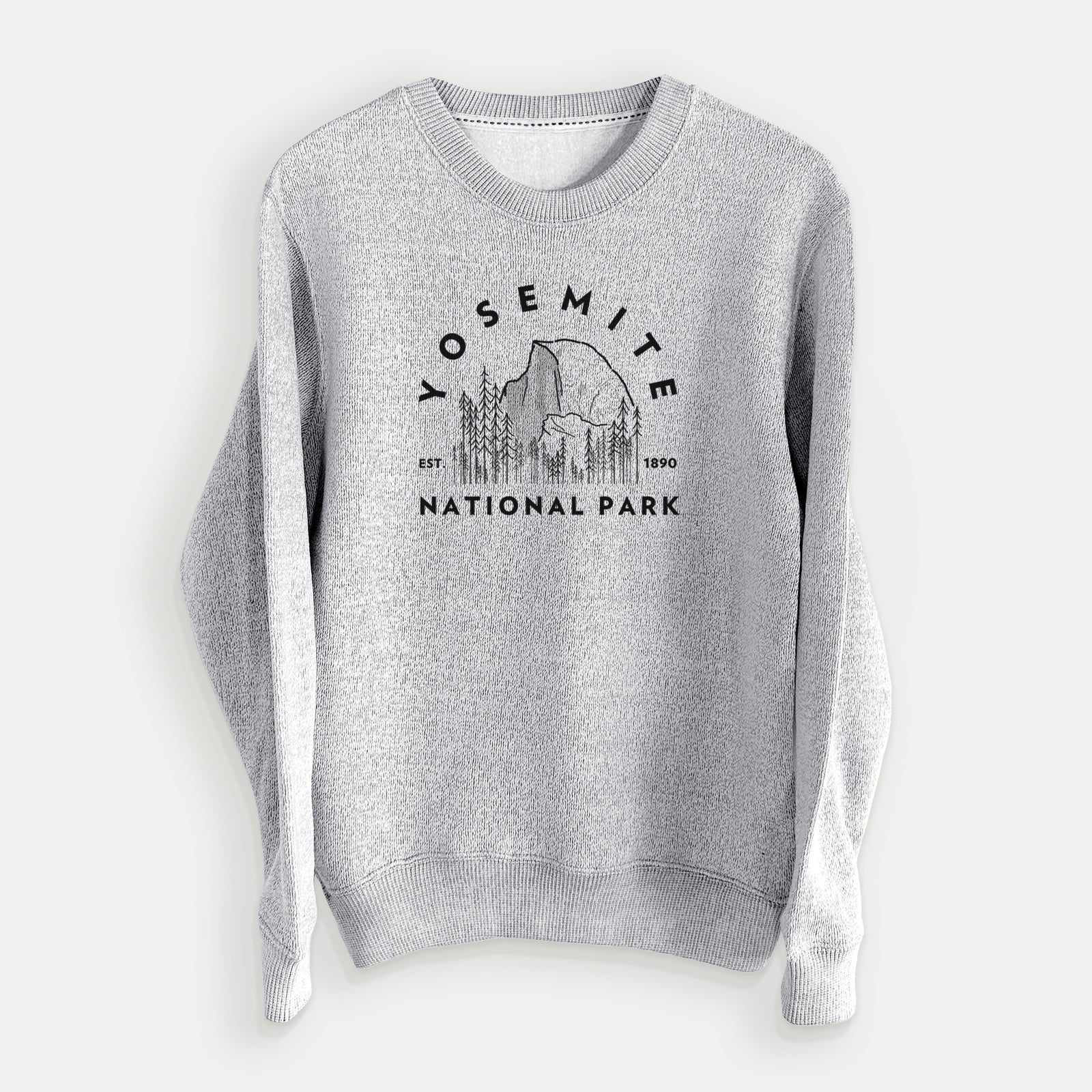 Salt and pepper knit sweatshirt laid flat, printed with a round badge of Half Dome and pine trees, with the words Yosemite National Park, Est. 1890.
